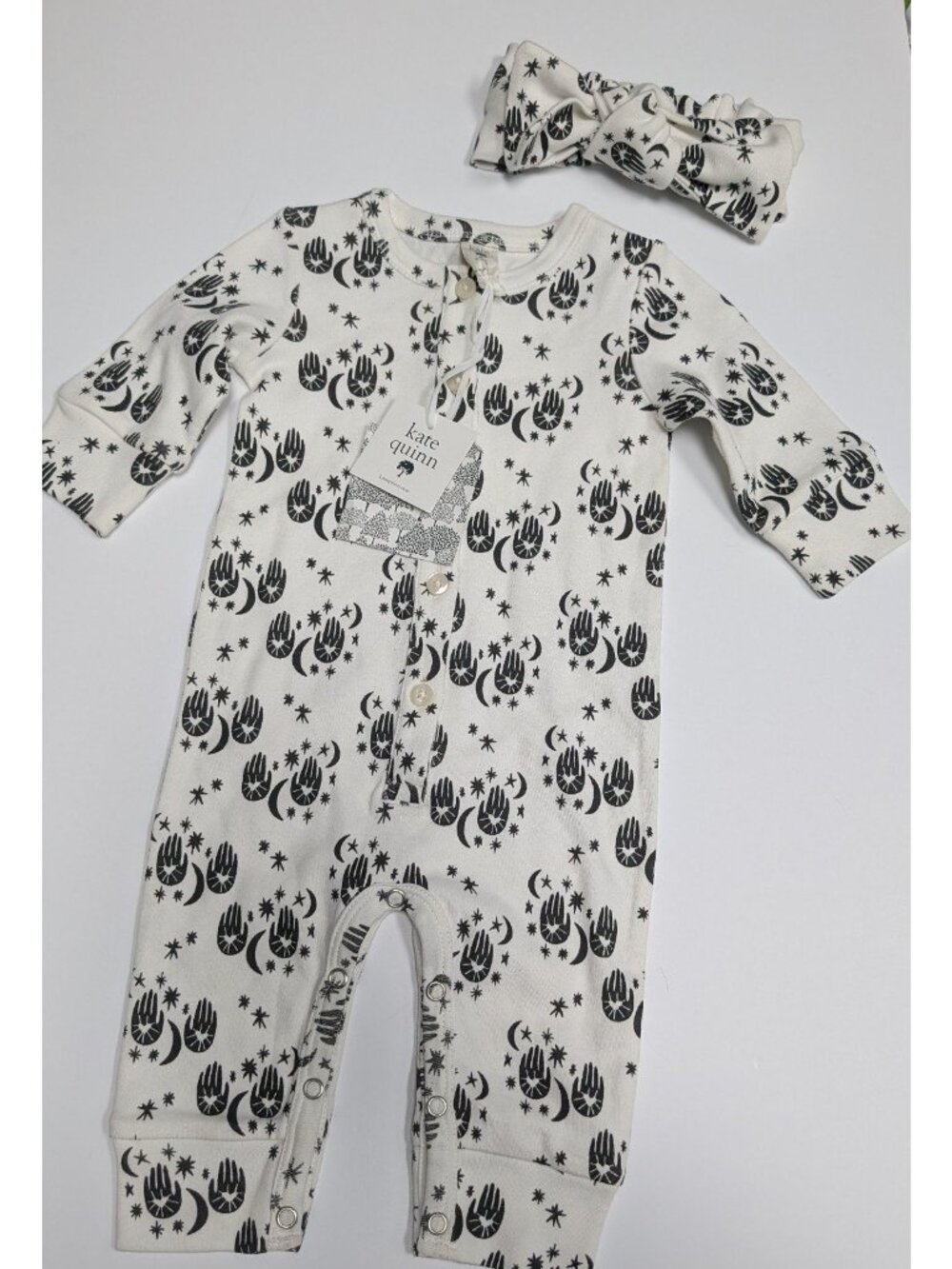 Kate Quinn Organic Cotton 3-6 Mystical Hands Unionsuit Jumpsuit & Bow Romper